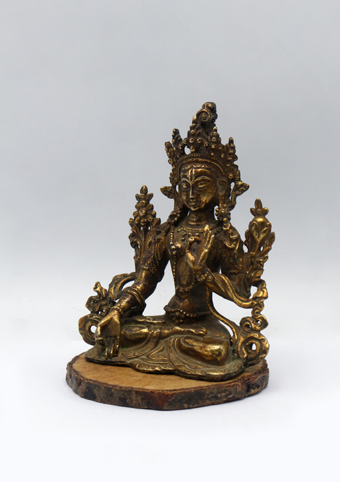 Fully Gold-Plated White Tara Statue with Antique Finish 5"H