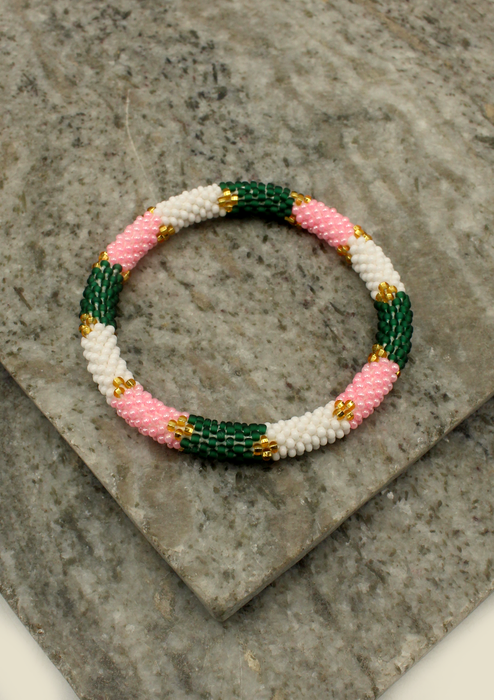 Pink White Green  Stripes Nepalese Roll on Bracelet