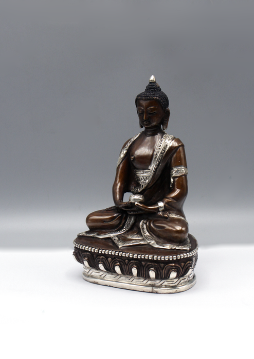 Silver Copper Amitabha Buddha Statue 6"H