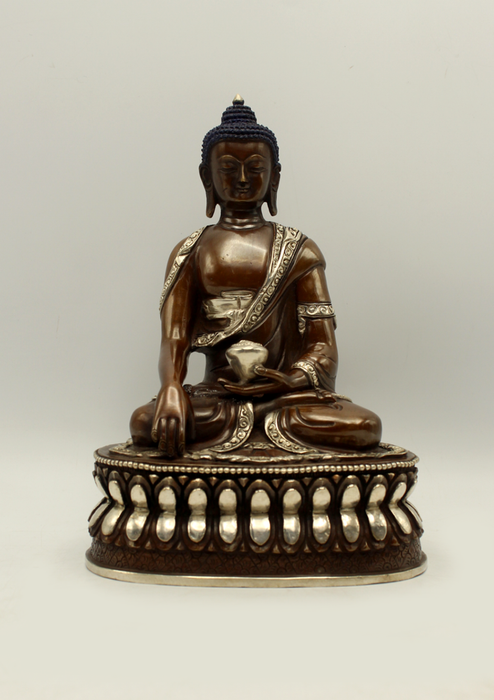 Copper Shakyamuni Buddha Seated on Double Lotus  8"H