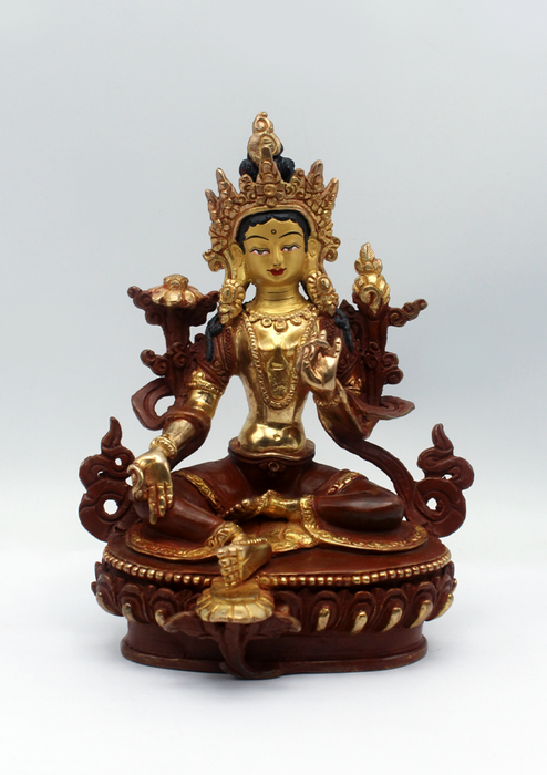 Partly Gold Plated Green Tara Statue 7"H