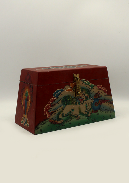 Handpainted Tibetan Red Jewelry Box with Snow Lion