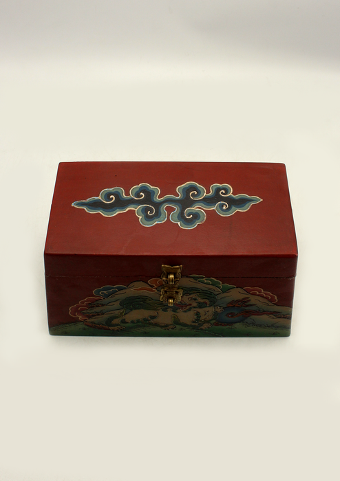 Handpainted Tibetan Red Jewelry Box with Snow Lion