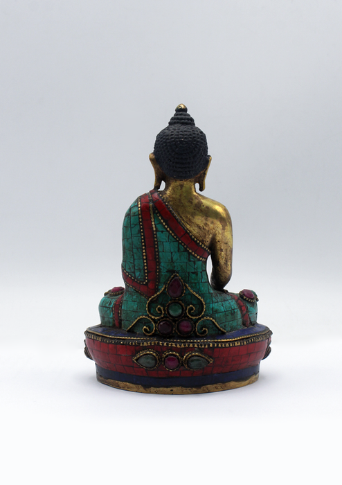 Stone Inlaid Copper Shakyamuni Buddha Statue 5.5"H