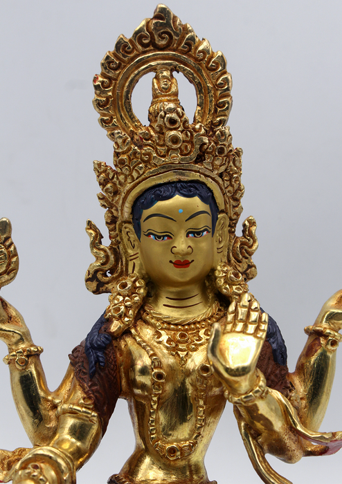 Partly Gold Plated Copper Lakshmi Statue 7.5"H