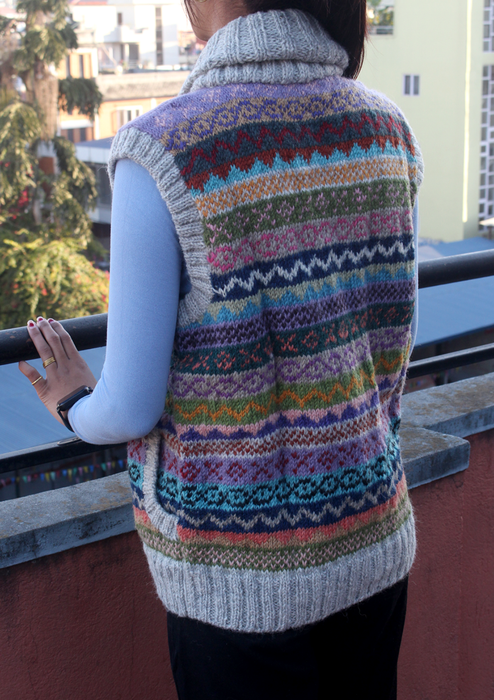 Grey Handknitted Women's Multicolor Cardigan Sweater