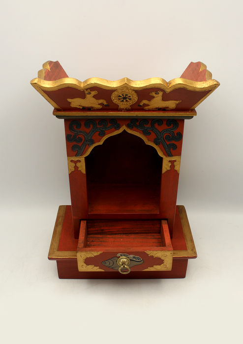 Handpainted Tibetan Wooden Shrine  Altar Box with Dharmawheel