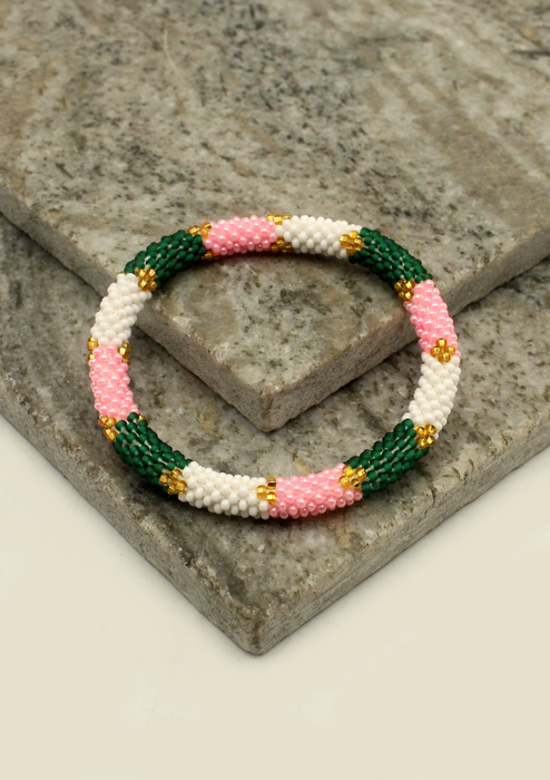 Pink White Green  Stripes Nepalese Roll on Bracelet