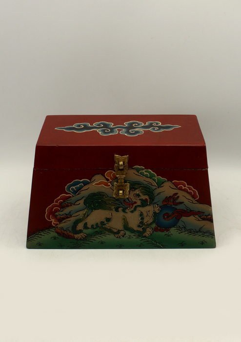 Handpainted Tibetan Red Jewelry Box with Snow Lion