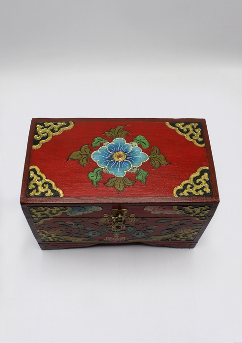 Handpainted Tibetan Flower Wooden Box with Parasol- Large