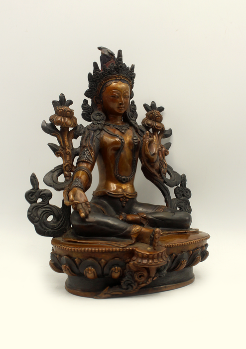 Copper Oxydized  Green Tara Statue 8" H