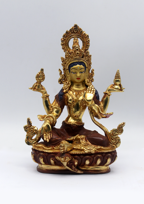 Partly Gold Plated Copper Lakshmi Statue 7.5"H