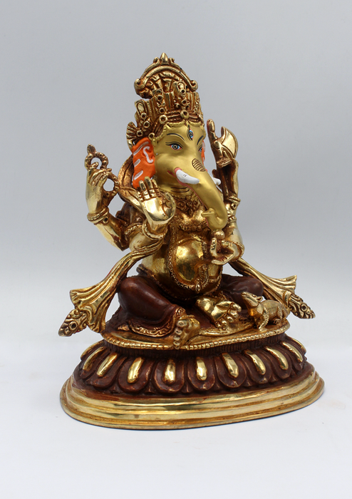 Partly Gold Plated Copper Ganesha Statue 7"H