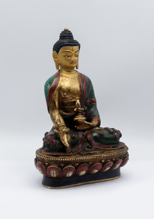 Stone Inlaid Copper Medicine Buddha Statue 8"H