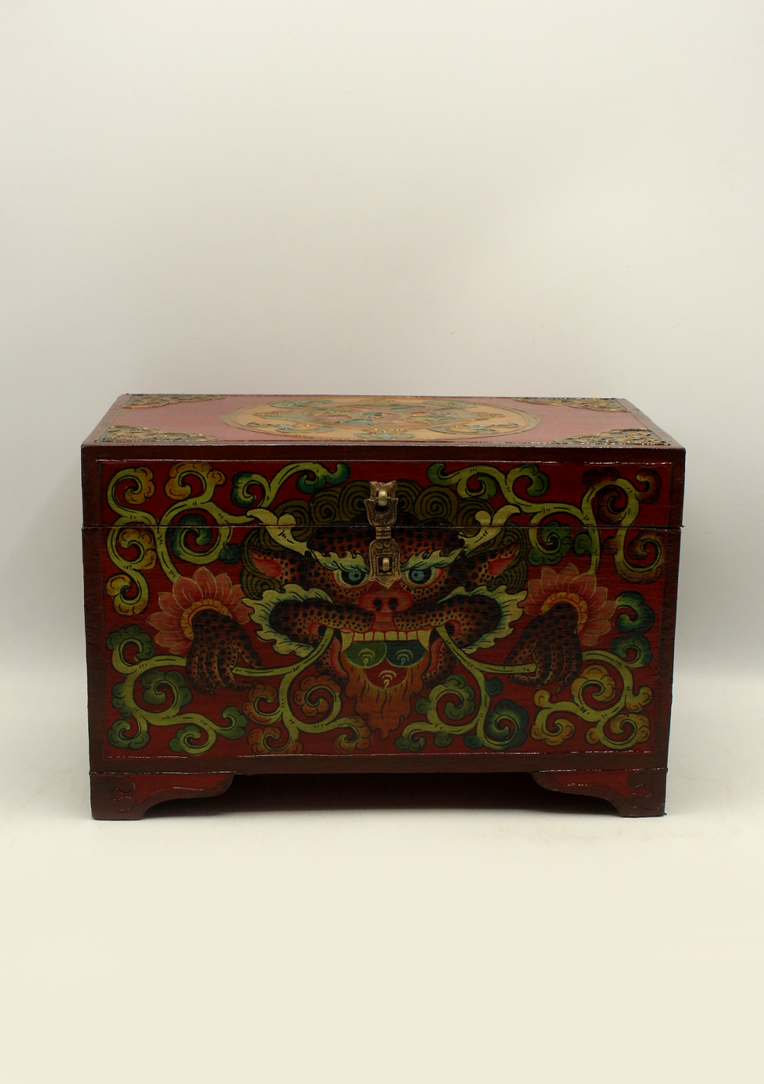 Handpainted Tibetan Dharma Wheel Red Wooden Box with Cheppu- Extra Lar ...