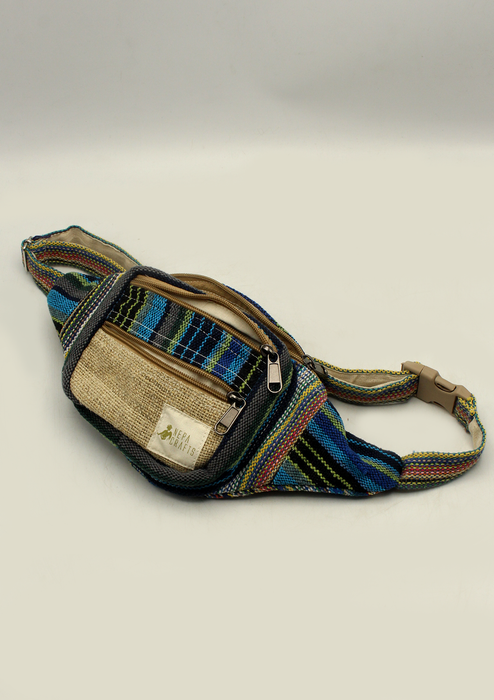 Bhutan Arts Blue Stripe  Hemp Fanny Pack, Hemp Waist Utility Belt