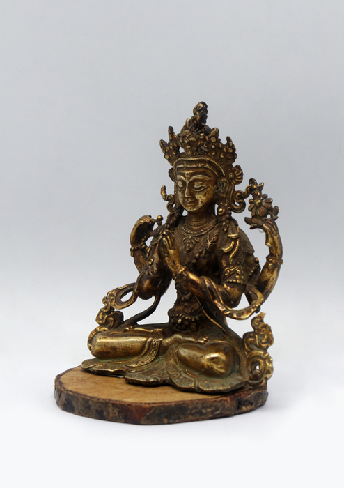 Fully Gold-Plated Chenrezig Statue with Antique Finish 5"H