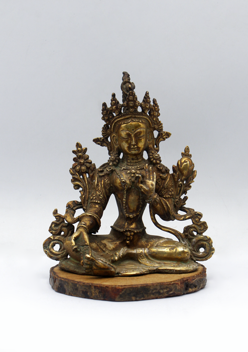 Fully Gold-Plated Green Tara Statue with Antique Finish 5"H