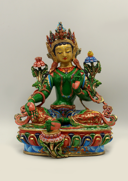 Masterpiece  Gold Plated Colored Green Tara Statue 9"H