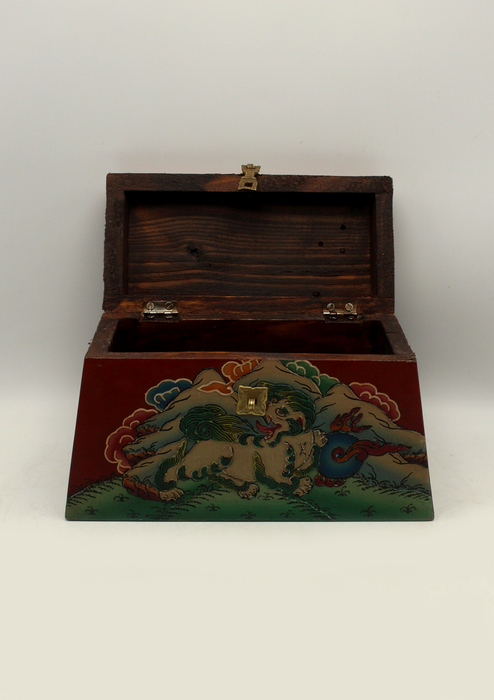 Handpainted Tibetan Red Jewelry Box with Snow Lion