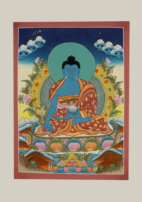 Medicine Buddha  Seated on Double  Lotus Thangka Painting