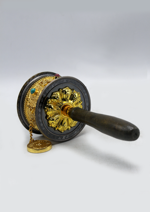 Large Tibetan Handheld Prayer Wheel Inlaid Coral and Turquoise