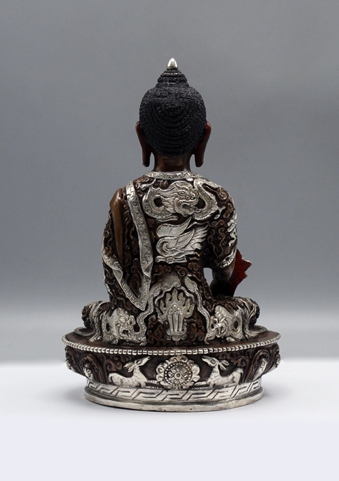 Silver Copper Medicine Buddha Statue 8"H