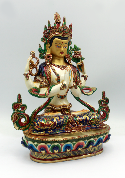 Hand Painted Four Armed White Chenrezig Partly Gold Plated Statue