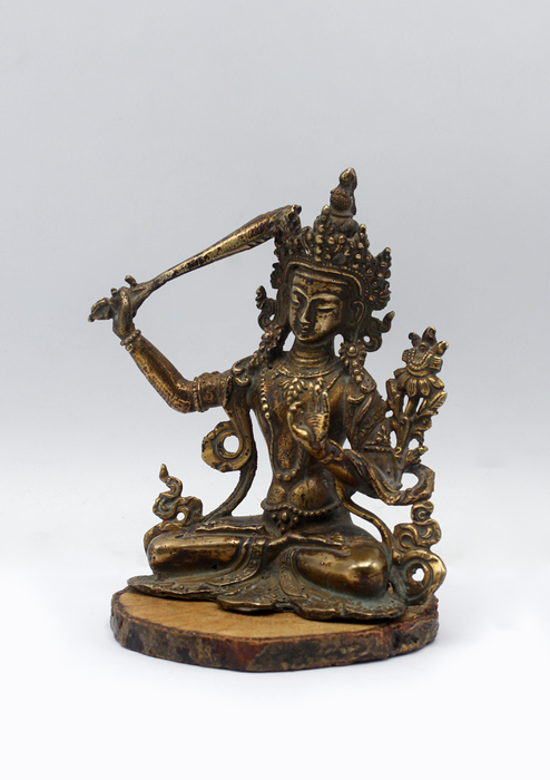 Fully Gold-Plated Manjushri Statue with Antique Finish 5"H