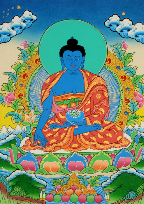 Medicine Buddha  Seated on Double  Lotus Thangka Painting