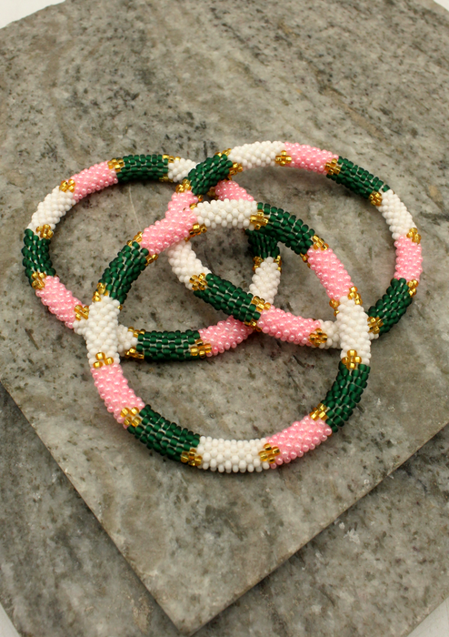 Pink White Green  Stripes Nepalese Roll on Bracelet