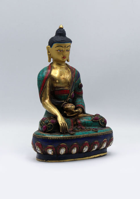 Stone Inlaid Copper Shakyamuni Buddha Statue 8"H