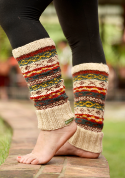 Villarica Legwarmer Pachamama hand knitted fashionable wool leg warmers,  with heart dotted stripes. Fair trade and handmade in Nepal.