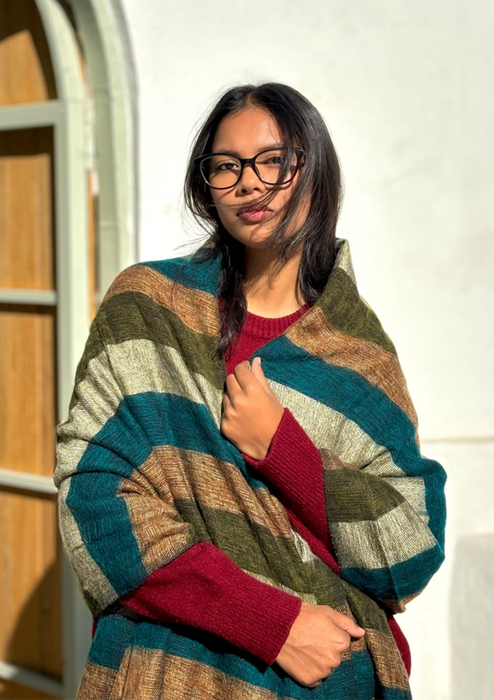 Green and Blue Mix Multi Colored Hand-loomed Soft Yak Wool Blanket