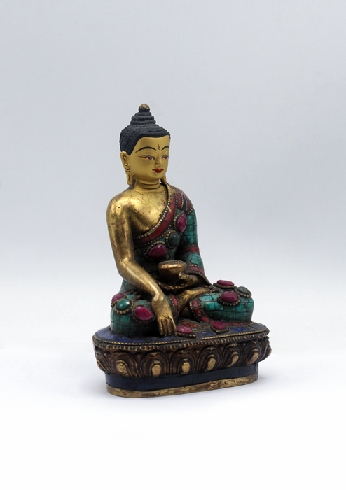 Stone Inlaid Copper Shakyamuni Buddha Statue 5.5"H