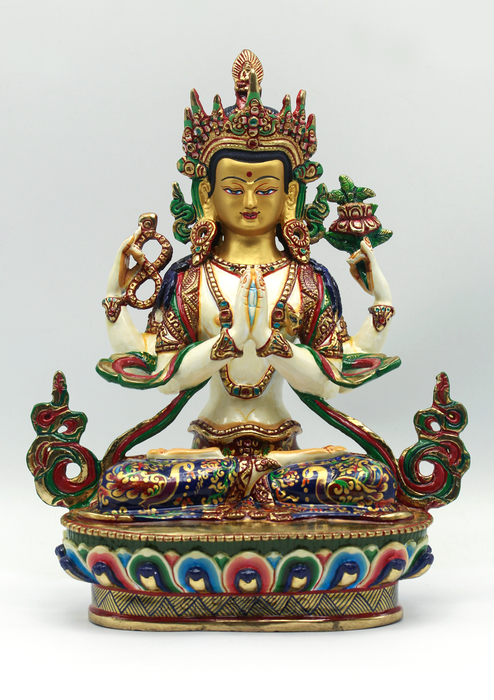 Hand Painted Four Armed White Chenrezig Partly Gold Plated Statue