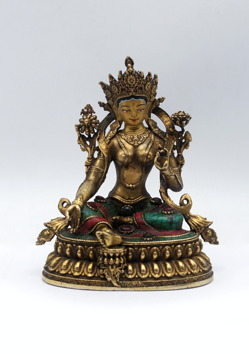 Stone Inlaid Copper Green Tara Statue