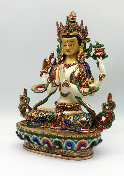 Hand Painted Four Armed White Chenrezig Partly Gold Plated Statue