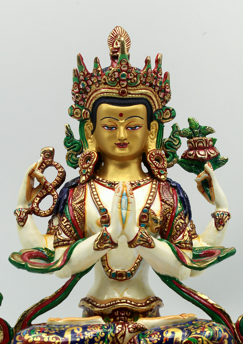 Hand Painted Four Armed White Chenrezig Partly Gold Plated Statue