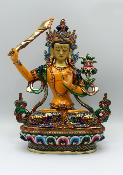 Masterpiece  Painted 24 K Bodhisattva Manjushree Statue 9"H