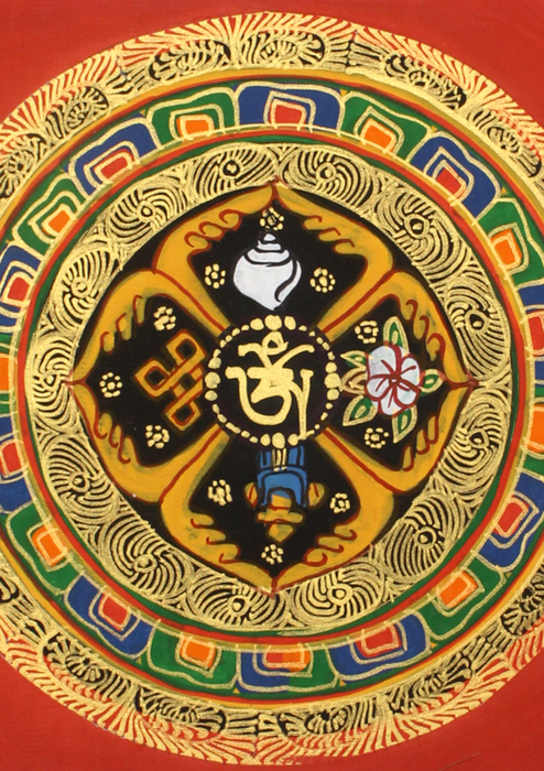 Tibetan Om Auspicious Symbols Hand Painted Mini Thangka (B)