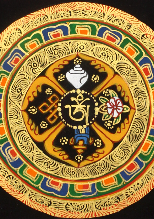 Tibetan Om Auspicious Symbols Hand Painted  Mini Thangka (E)