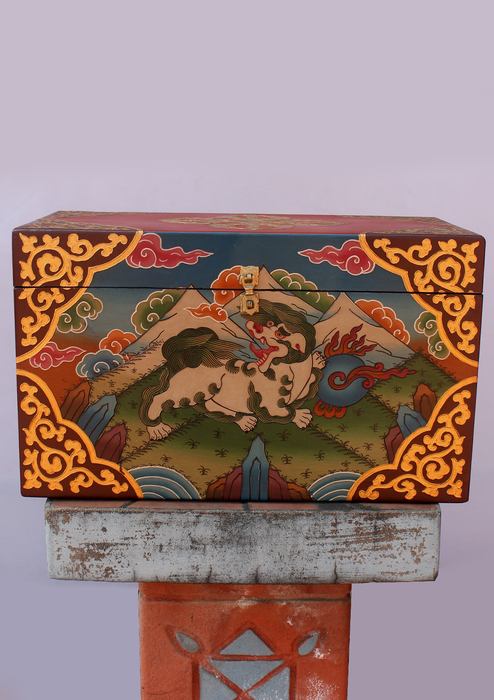 Handpainted Tibetan Snow Lion king of beasts Wooden Large Box