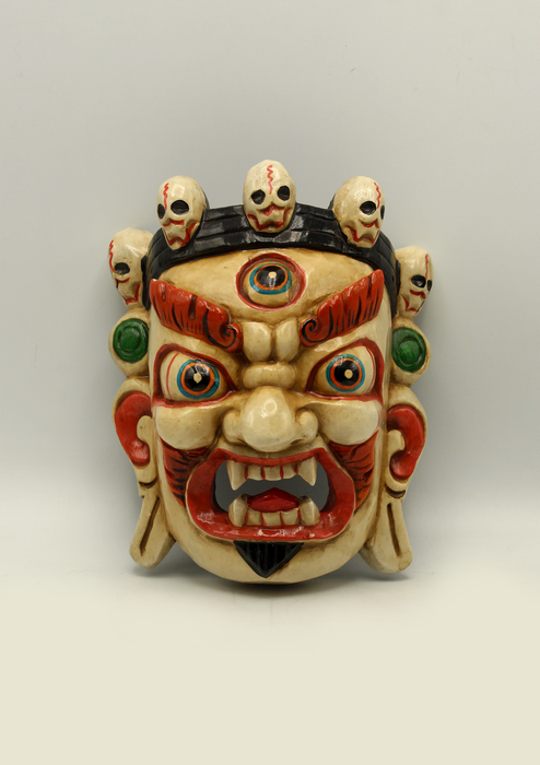 Handcarved and HandPainted Wooden Bhairab Wall Hanging Mask - White