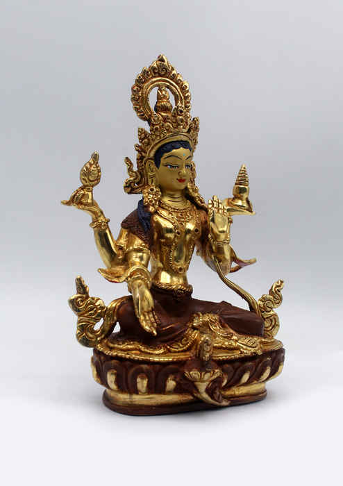 Partly Gold Plated Copper Lakshmi Statue 7.5"H