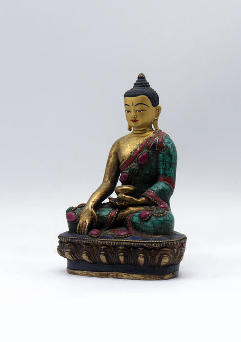 Stone Inlaid Copper Shakyamuni Buddha Statue 5.5"H