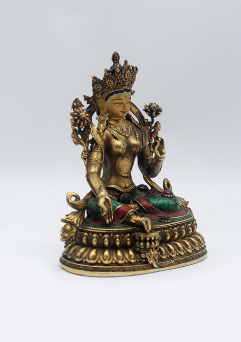 Stone Inlaid Copper Green Tara Statue