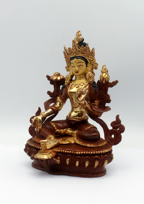 Partly Gold Plated Green Tara Statue 7"H