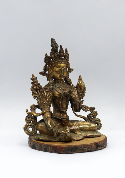 Fully Gold-Plated Green Tara Statue with Antique Finish 5"H