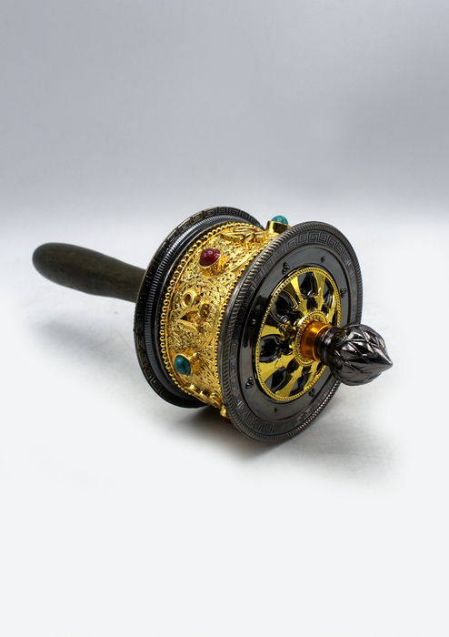 Large Tibetan Handheld Prayer Wheel Inlaid Coral and Turquoise